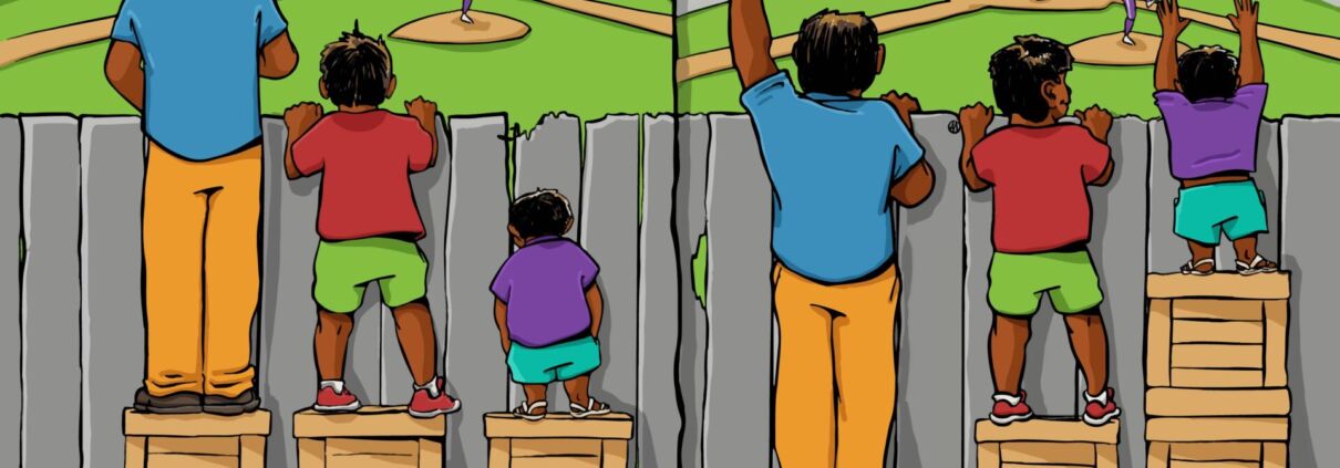 Das Bild besteht aus zwei Panels, die nebeneinander stehen. In beiden Szenen versuchen drei Personen unterschiedlicher Körpergröße, über einen Holzzaun ein Baseballspiel zu verfolgen. Linkes Panel "Equality" (Gleichheit): Die Situation: Jede der drei Personen steht auf genau einer Holzkiste. Die große Person steht weit über dem Zaun und hat eine perfekte Sicht. Die mittelgroße Person kann gerade so über den Zaun schauen. Die kleine Person starrt direkt gegen die Bretter des Zauns und kann nichts vom Spiel sehen. Rechtes Panel "Equity" (Gerechtigkeit ): Die Kisten wurden basierend auf dem individuellen Bedarf verteilt. Die große Person benötigt keine Hilfe und steht nun ohne Kiste auf dem Boden (sie kann immer noch alles sehen). Die mittelgroße Person steht weiterhin auf einer Kiste. Die kleine Person hat nun zwei Kisten übereinander gestapelt bekommen. Alle drei Personen befinden sich nun auf der gleichen Augenhöhe über der Oberkante des Zauns. Jeder kann das Spiel gleichermaßen genießen.